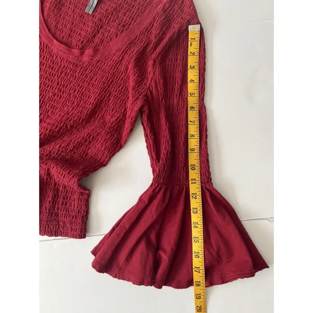 Anthropologie Shirt Womens M Maroon Red Smocked Bell Sleeve Scoop Neck Knit Top